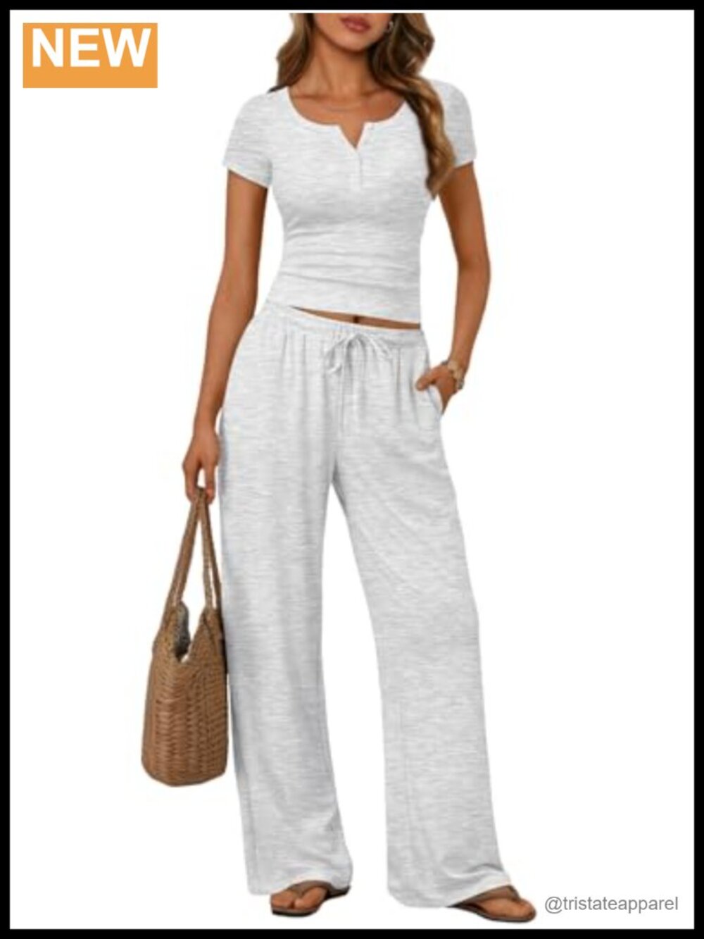 2 Piece Lounge Set Henley Crop Top Loose Pants Pockets Rayon Spandex